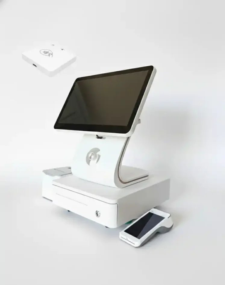 TackOn Table POS terminal setup with touchscreen, cash drawer, card reader, and contactless payment device for built-in payment processing.