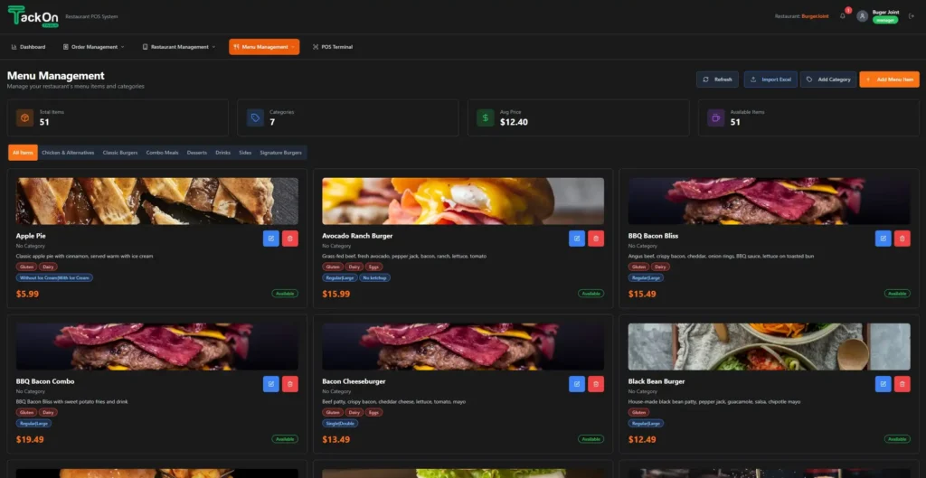 Restaurant POS menu management dashboard showing food items, categories, prices, and availability in TackOn Table system.