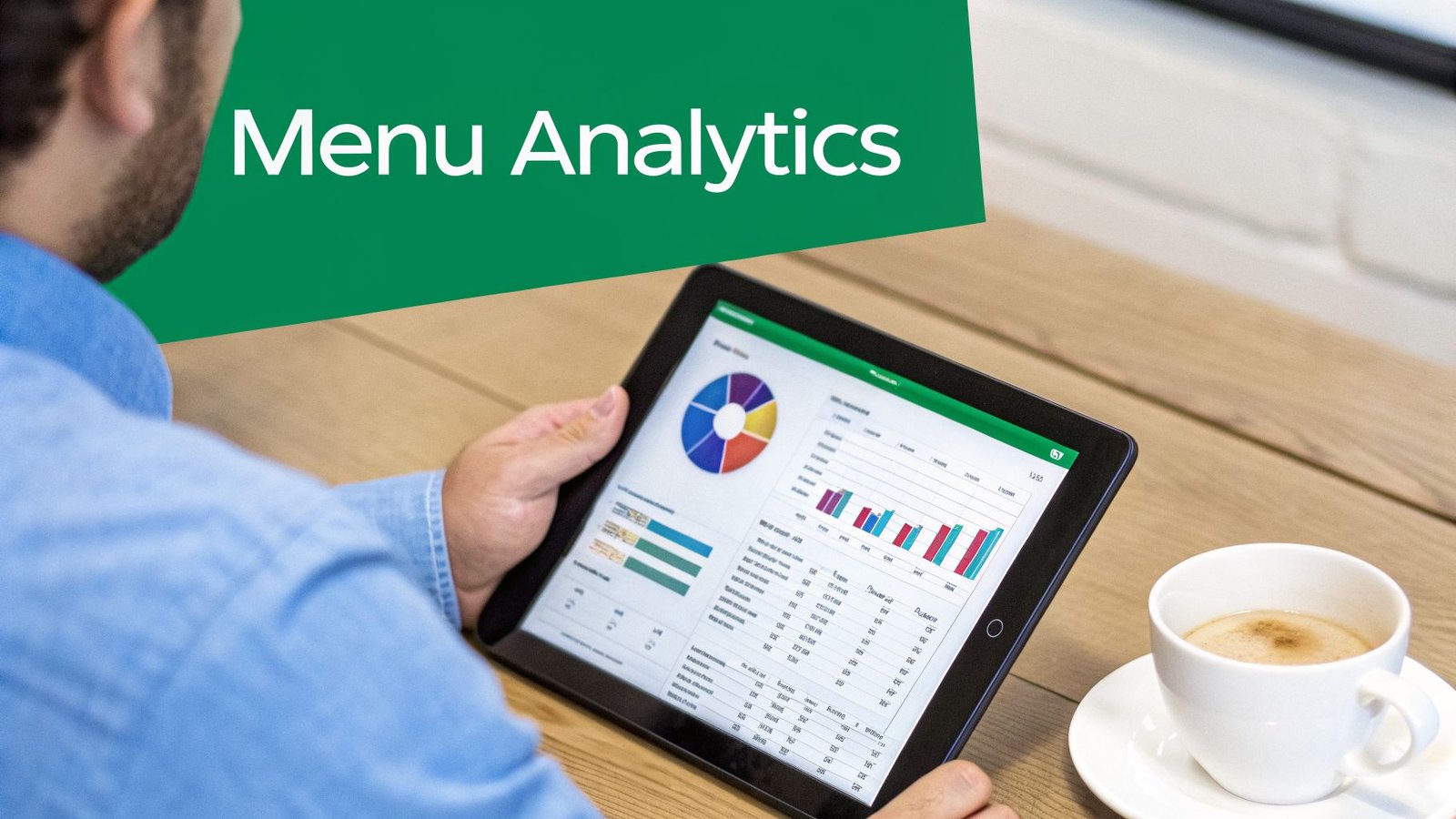 Person viewing menu analytics data on a tablet with charts, graphs, and a coffee cup.