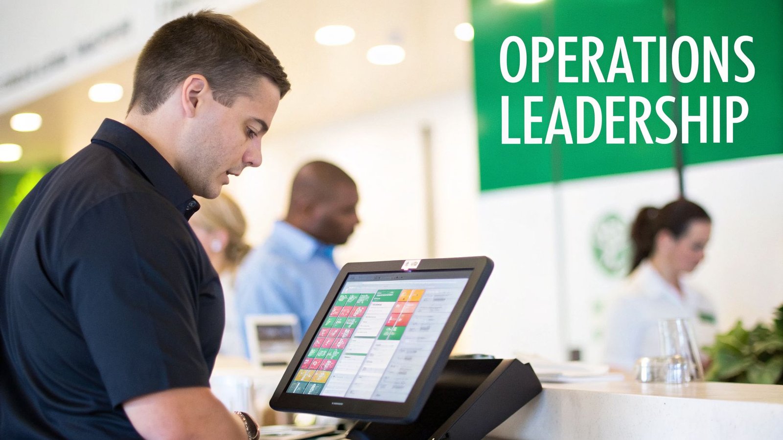 A man in a black shirt looks at a tablet screen, likely a POS system, in a restaurant.