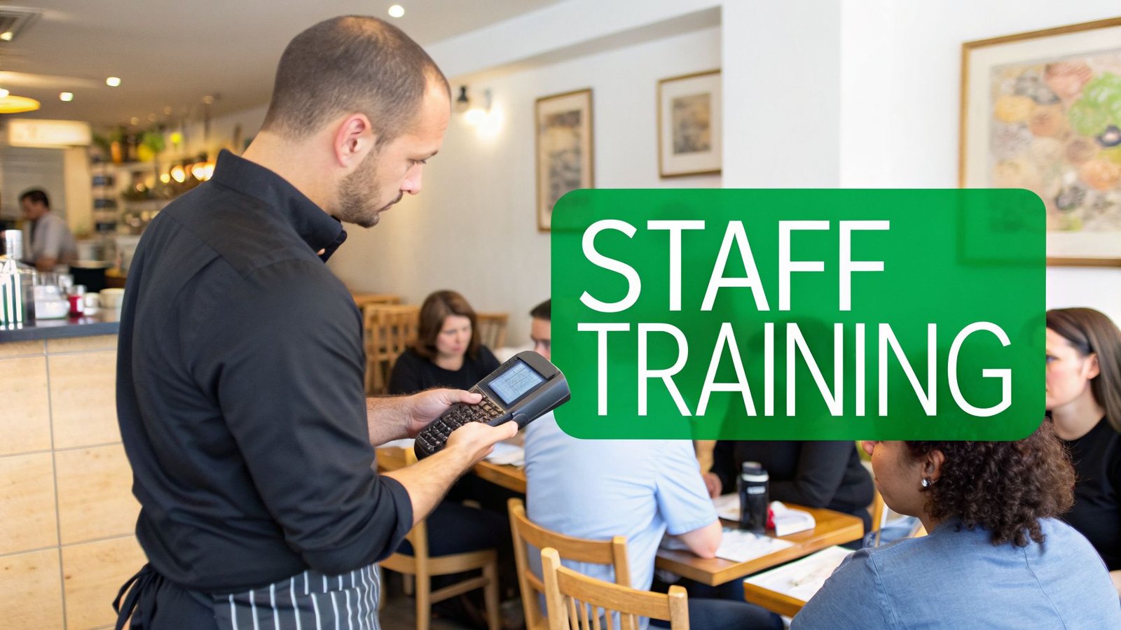 Restaurant staff in a training session, a waiter uses a handheld device while others sit.