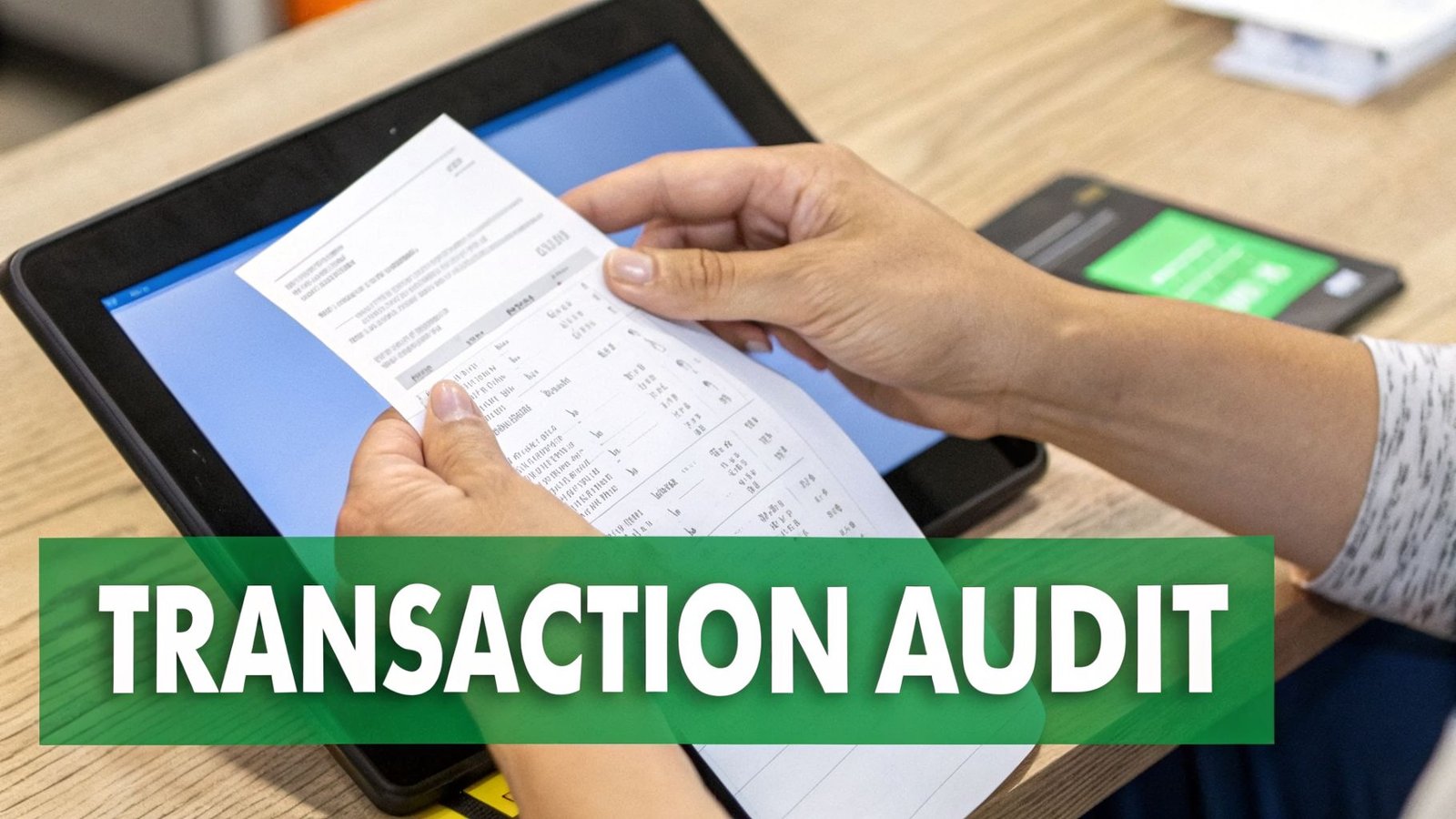 A person's hands holding a transaction report over a tablet, with a smartphone in the background.